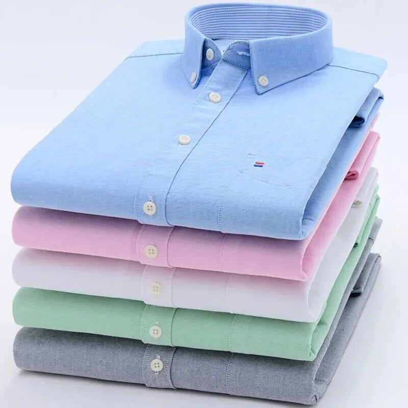 High Quality Cotton Oxford Long Sleeve Plaid Casual Shirts Male Pocket Regular Fit Button-Down