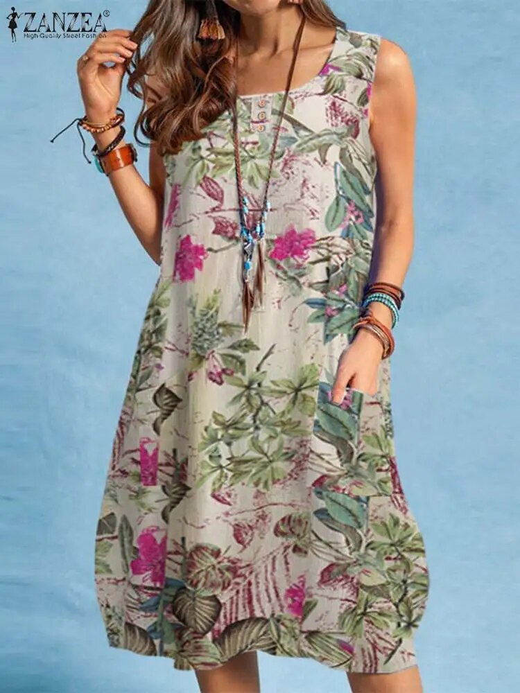 Vintage Floral Printed High Quality Cotton Sundress Women Summer Sleeveless Knee-length Dress