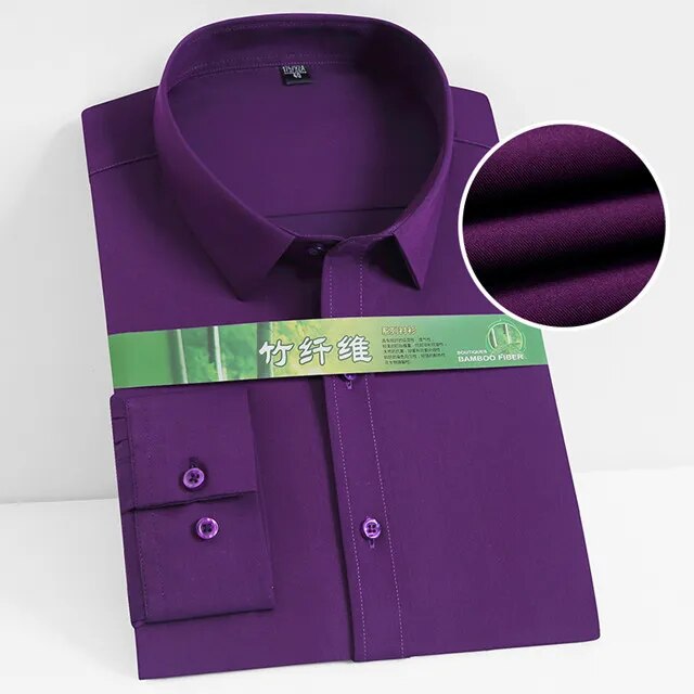 Bamboo Fiber Men Long Sleeve Elastic Anti-wrinkle Shirt Regular Fit Formal Social Camisas Plus Large Size