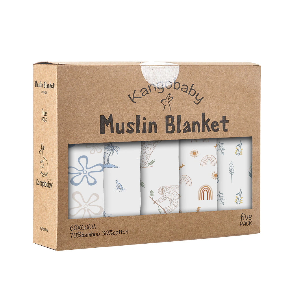 5pieces Set Bamboo Cotton Swaddle Blanket Baby Burp Cloth Bib Set